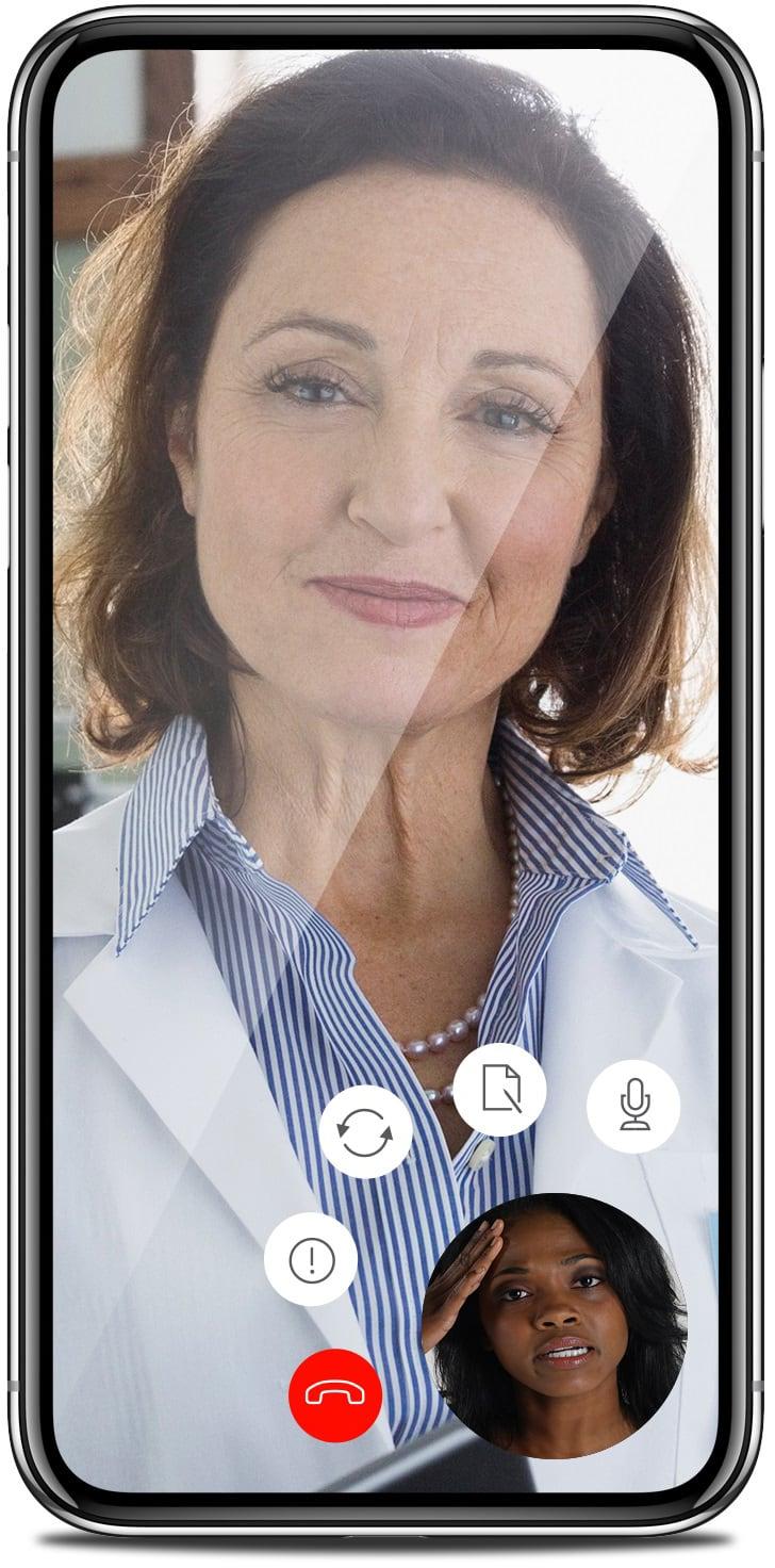Screen showing a video call between a doctor and patient